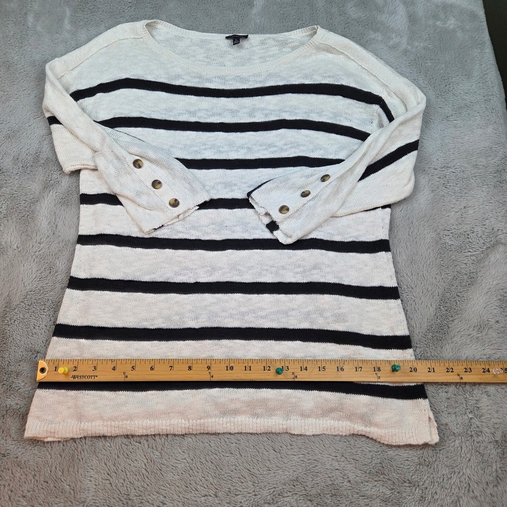 Talbots Striped Sweater Womens L 3/4 Sleeve Button Cuff Boatneck White Navy Blue